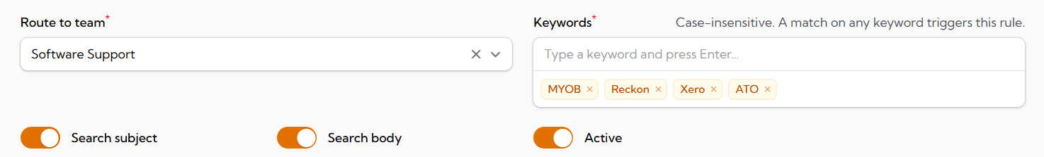 Email routing rules configuration screen